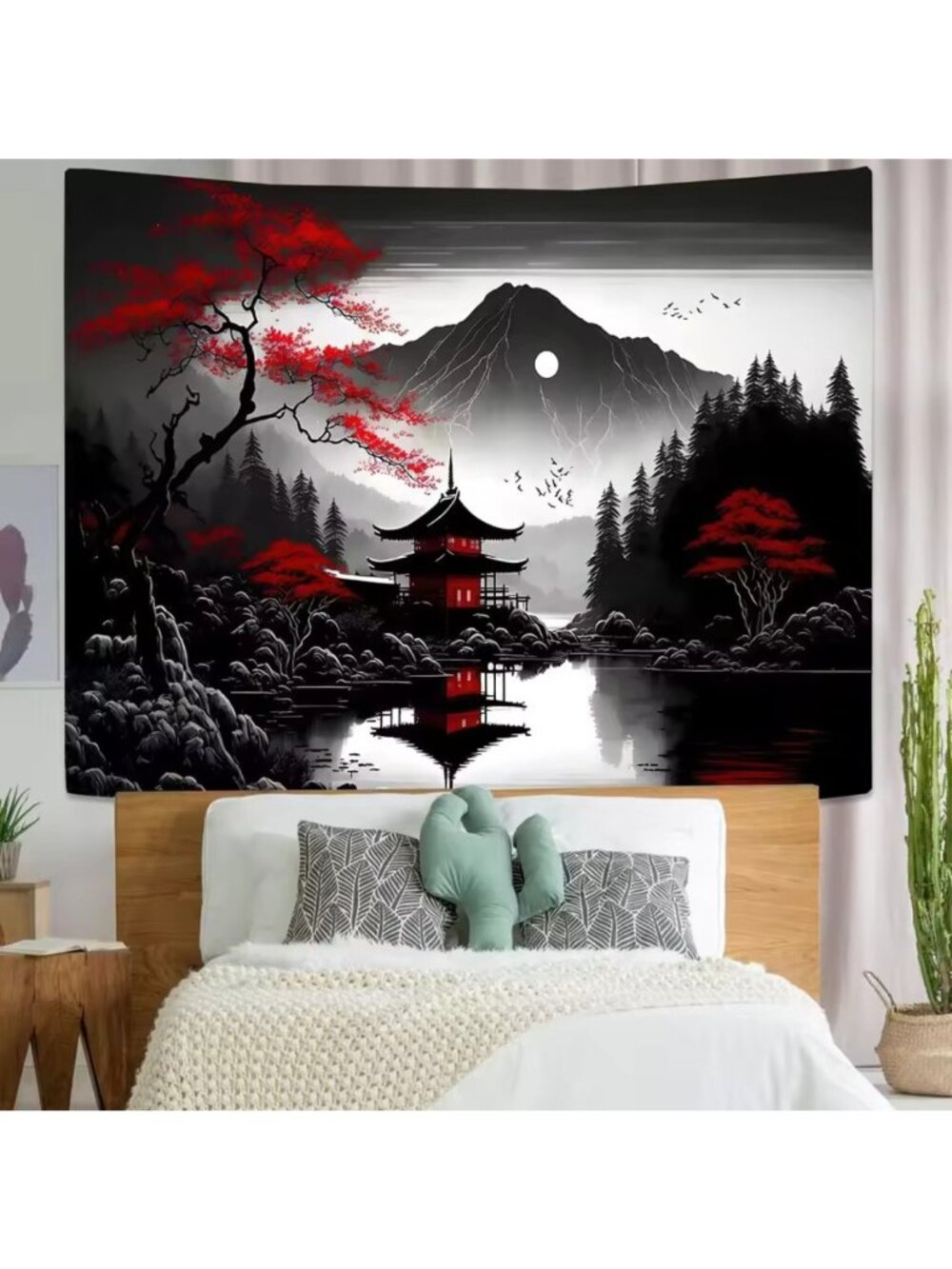 51×60 Inch Oriental Ink Japanese Red Maple Pagoda Mountain Lake Wall Tapestry